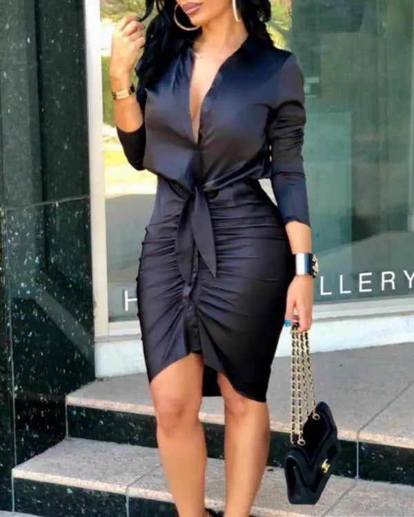 Tie Front Ruched Long Sleeve Shirt Dress