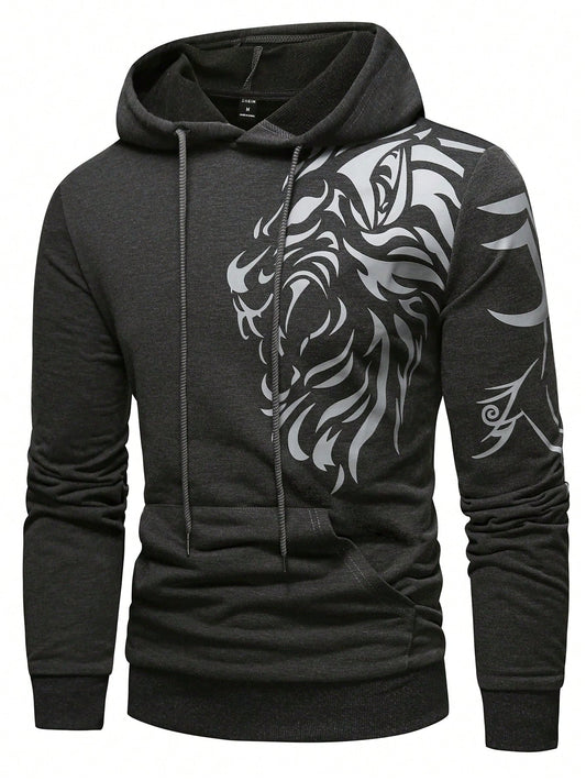 Manfinity LEGND Men Lion Print Kangaroo Pocket Drawstring Hoodie