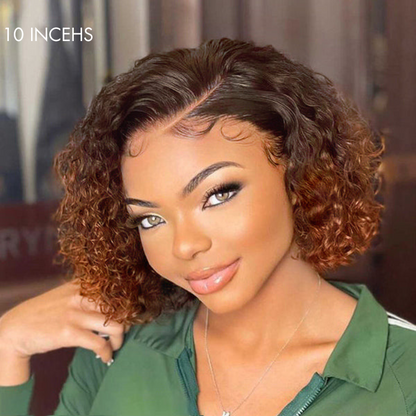 Newbie Only | Trendy Mix Brown Short Cut Curly Minimalist HD Lace Glueless Side Part Wig 100% Human Hair