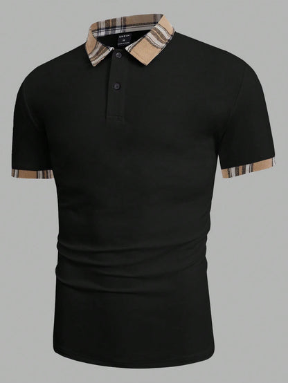 Manfinity Homme Men Contrast Plaid Collar Polo Shirt