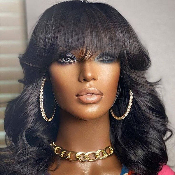 Points Rewards | Glueless Beginner Friendly Soft Wavy Curls Bob Wig With Bangs 100% Human Hair