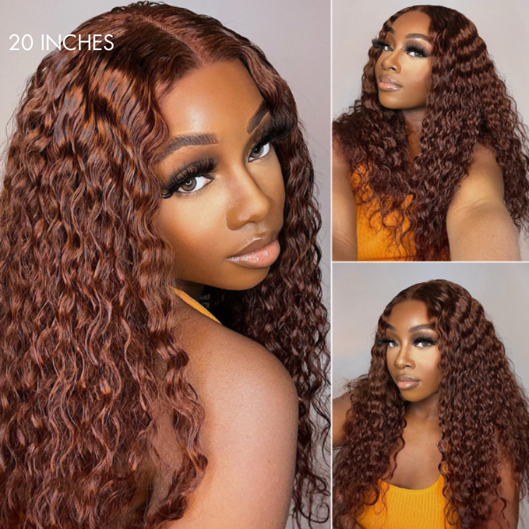 【24 inches = $249.9】Casual Reddish Brown Curly 5x5 Closure Lace Glueless Mid Part Long Wig 100% Human Hair