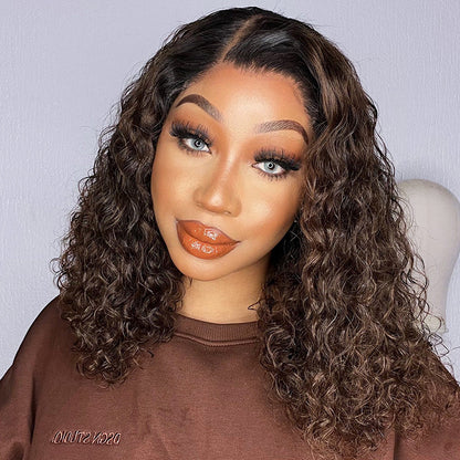 Newbie Only | Black To Brown Ombre Bouncy Curly 4x4 Closure Lace Glueless Side Part Long Wig 100% Human Hair