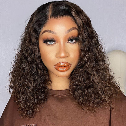 Newbie Only | Black To Brown Ombre Bouncy Curly 4x4 Closure Lace Glueless Side Part Long Wig 100% Human Hair