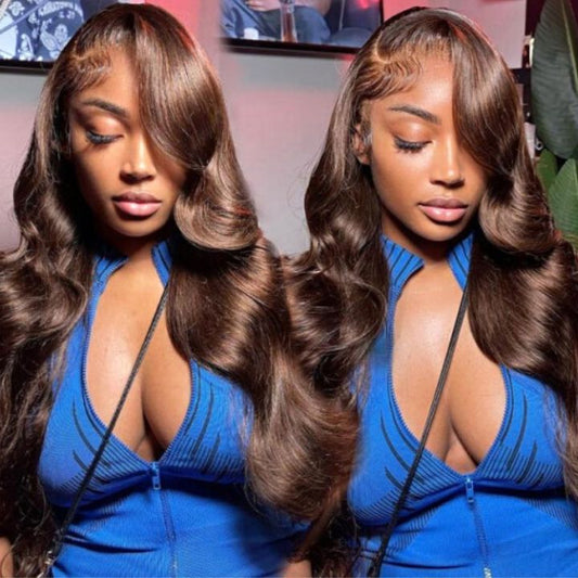 【24 inches = $239.9】Layered Bangs Chestnut Brown Loose Wave 5x5 Closure Lace Glueless Mid Part Long Wig