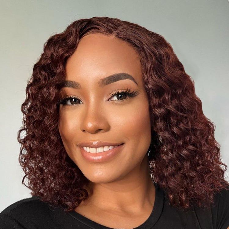 Points Rewards | Reddish Brown Water Wave 4x4 Closure Lace Glueless C Part Short Wig 100% Human Hair | Summer Trendy