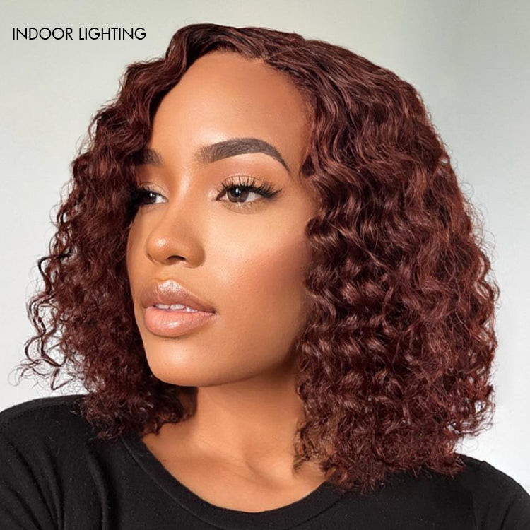 Points Rewards | Reddish Brown Water Wave 4x4 Closure Lace Glueless C Part Short Wig 100% Human Hair | Summer Trendy