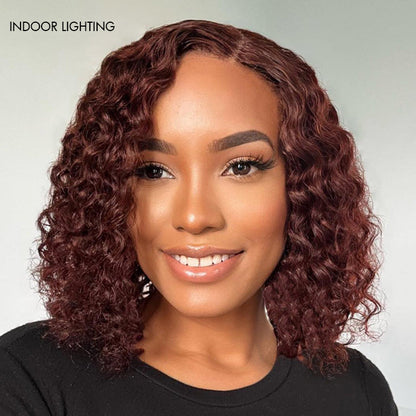 Points Rewards | Reddish Brown Water Wave 4x4 Closure Lace Glueless C Part Short Wig 100% Human Hair | Summer Trendy