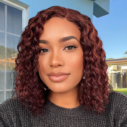 Points Rewards | Reddish Brown Water Wave 4x4 Closure Lace Glueless C Part Short Wig 100% Human Hair | Summer Trendy