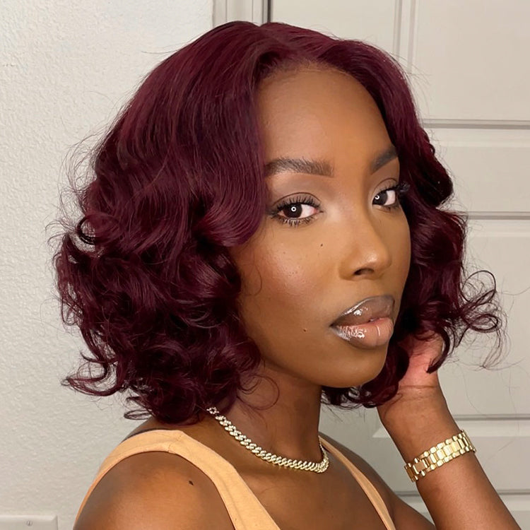 Points Rewards | Dark Plum Loose Wave Minimalist HD Lace Glueless Mid Part Short Wig 100% Human Hair