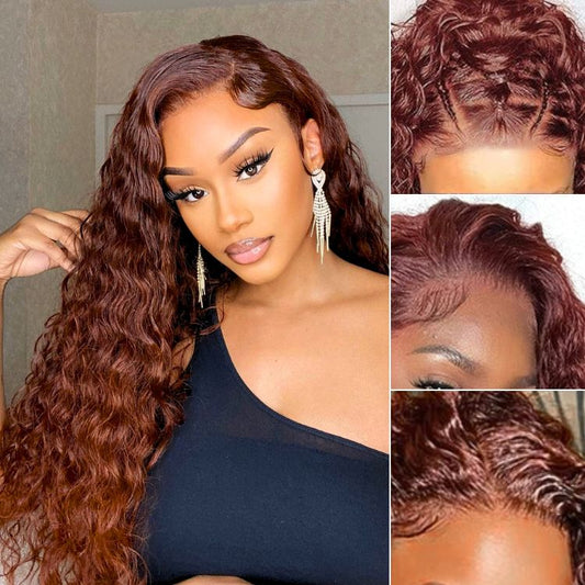 【24 inches = $249.9】Casual Reddish Brown Curly 5x5 Closure Lace Glueless Mid Part Long Wig 100% Human Hair