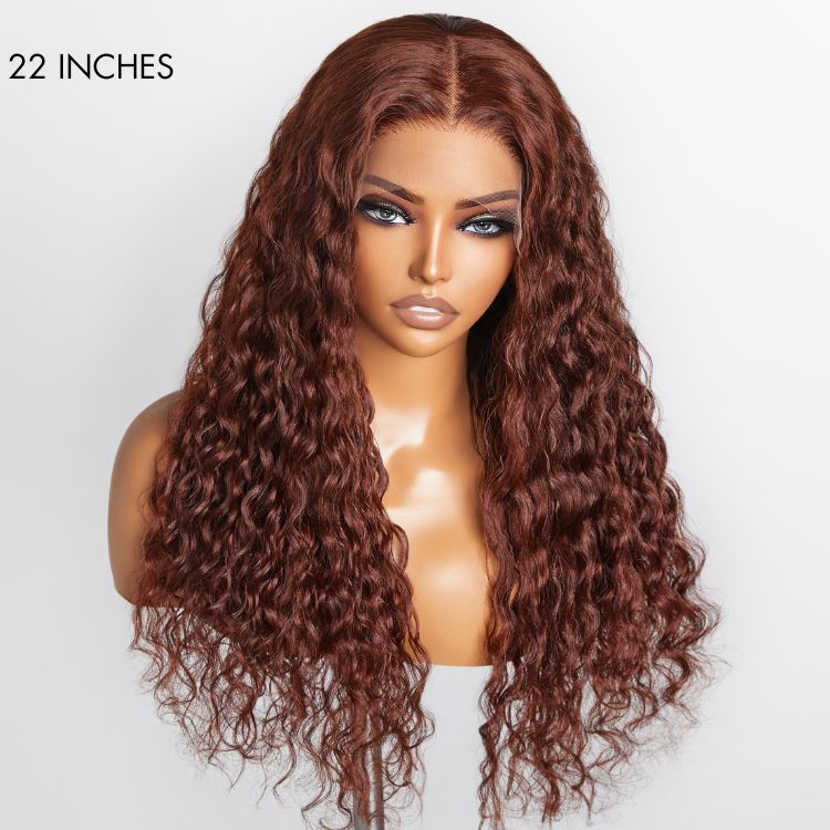 【24 inches = $249.9】Casual Reddish Brown Curly 5x5 Closure Lace Glueless Mid Part Long Wig 100% Human Hair