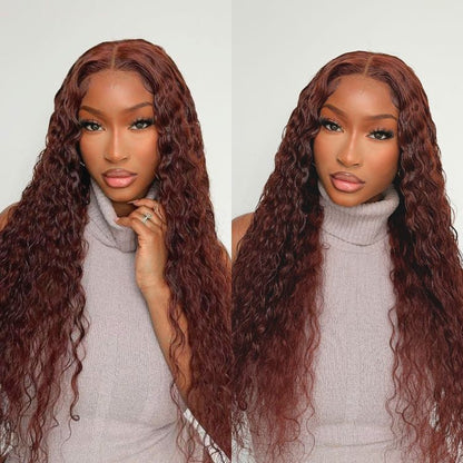 【24 inches = $249.9】Casual Reddish Brown Curly 5x5 Closure Lace Glueless Mid Part Long Wig 100% Human Hair