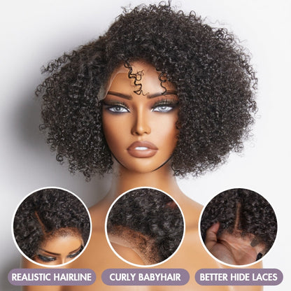 Points Rewards | 4C Edges | Kinky Edges Jerry Curly 5x5 Closure Lace Glueless Side Part Short Wig 100% Human Hair