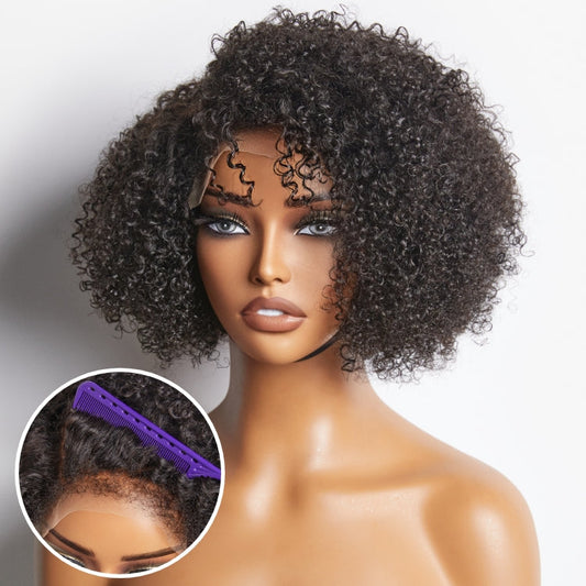 Points Rewards | 4C Edges | Kinky Edges Jerry Curly 5x5 Closure Lace Glueless Side Part Short Wig 100% Human Hair