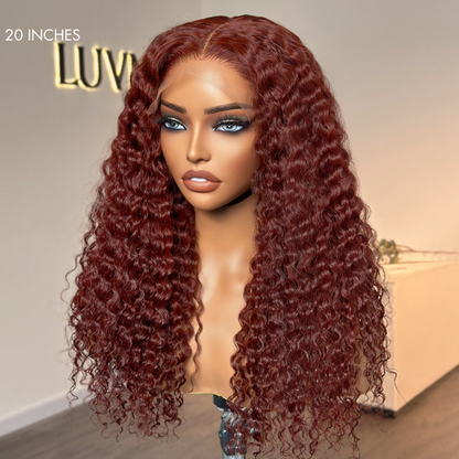 【24 inches = $219.9】Dark Reddish Brown Fluffy Deep Wave Glueless 5x5 Closure Lace Wig