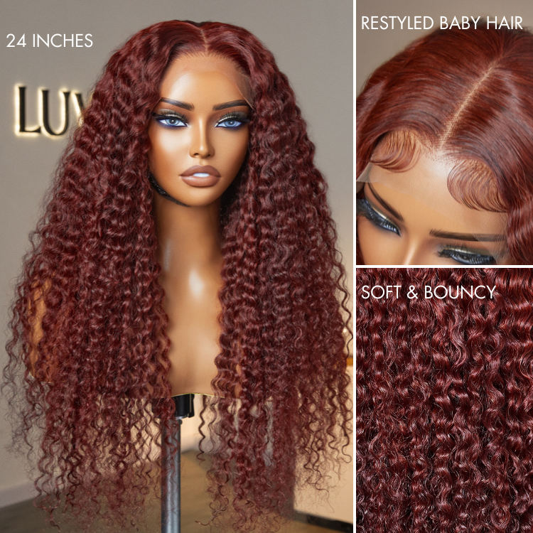 【24 inches = $219.9】Dark Reddish Brown Fluffy Deep Wave Glueless 5x5 Closure Lace Wig