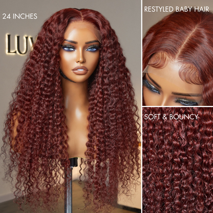 【24 inches = $219.9】Dark Reddish Brown Fluffy Deep Wave Glueless 5x5 Closure Lace Wig