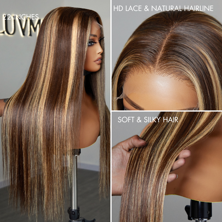 【22 inches = $219.9】Honey Blonde Highlight Silky Straight Glueless 5x5 Closure HD Transparent Lace Long Wig