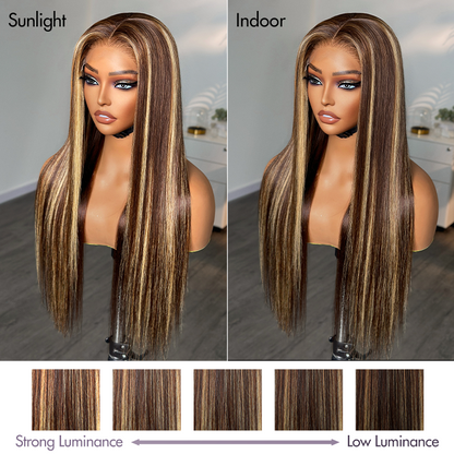 【22 inches = $219.9】Honey Blonde Highlight Silky Straight Glueless 5x5 Closure HD Transparent Lace Long Wig