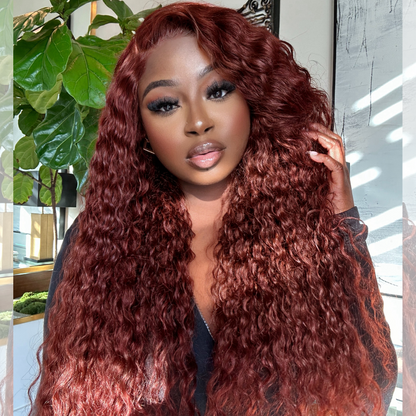 【24 inches = $219.9】Dark Reddish Brown Fluffy Deep Wave Glueless 5x5 Closure Lace Wig