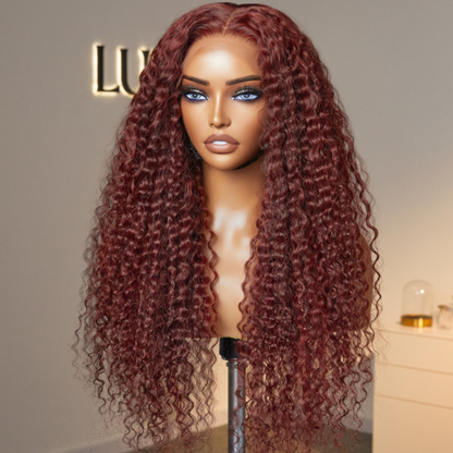 【24 inches = $219.9】Dark Reddish Brown Fluffy Deep Wave Glueless 5x5 Closure Lace Wig