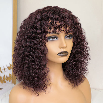 Points Rewards | Throw On & Go Burgundy Water Wave No Lace Glueless Short Wig With Bangs 100% Human Hair
