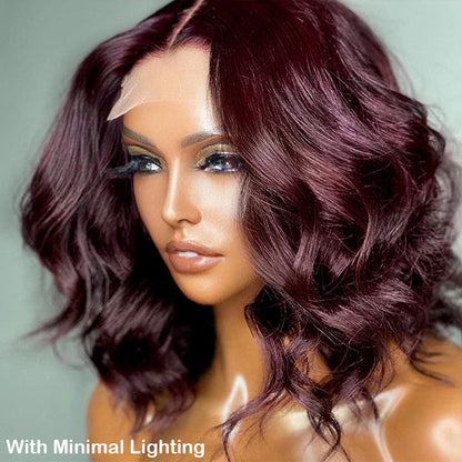 VIP Discount | Dark Plum Loose Wave Minimalist HD Lace Glueless Mid Part Short Wig 100% Human Hair