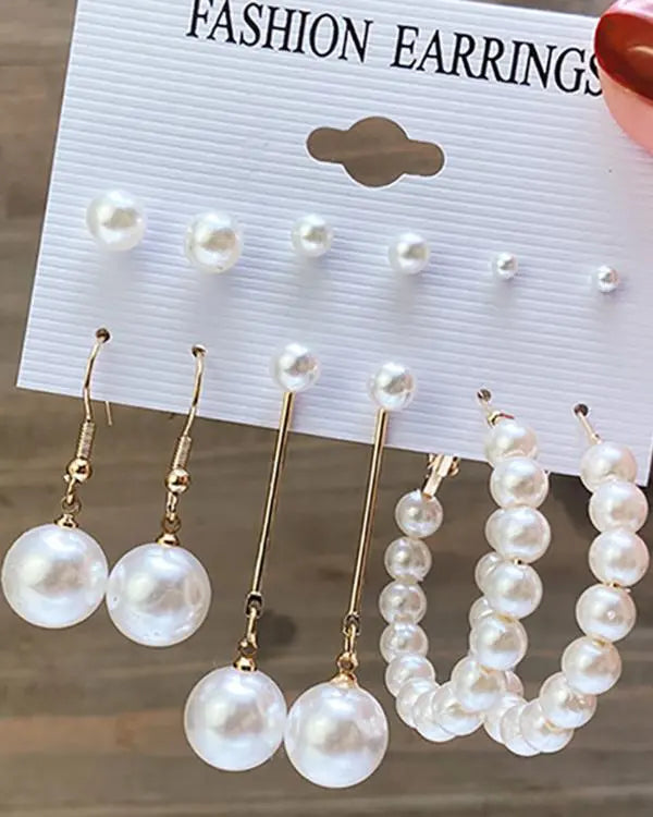6Pairs Pearls Beaded Drop Hoop Droop Earrings Set