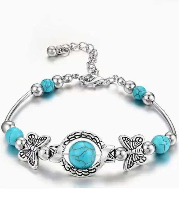 1pc Charm Vintage Jewelry Silver Natural Turquoise Women Girl Butterfly Bracelet Chain Beads Wedding Gift - Healthier Me Beauty, LLC