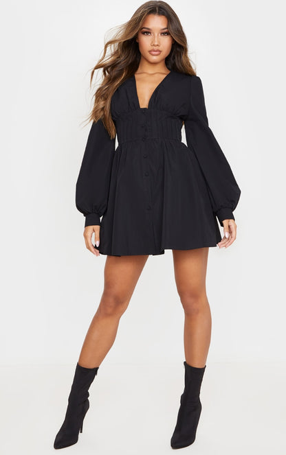 Black Button Front Fitted Puff Sleeve Skater Dress
