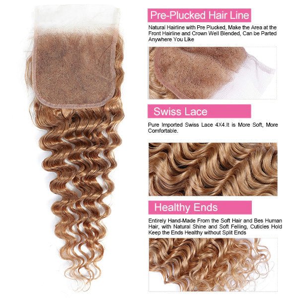 #27 Bundles With Closure Virgin Human Hair Deep Wave 3 Bundles With 4x4 Closure - Healthier Me Beauty, LLC