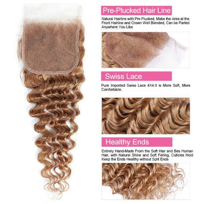 #27 Bundles With Closure Virgin Human Hair Deep Wave 3 Bundles With 4x4 Closure - Healthier Me Beauty, LLC