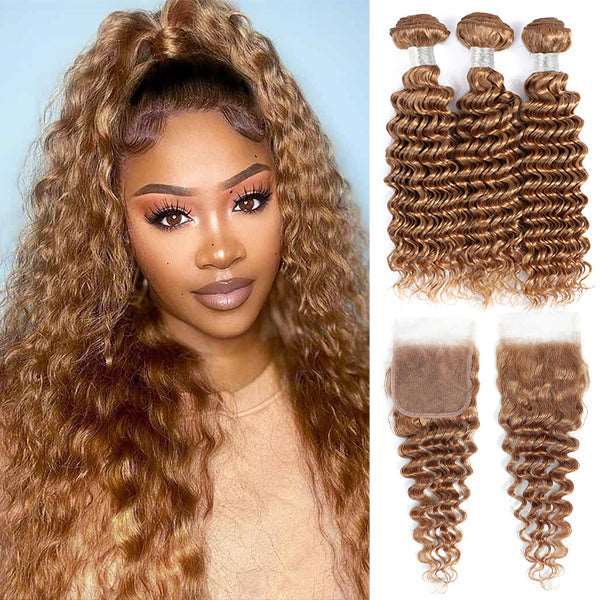 #27 Bundles With Closure Virgin Human Hair Deep Wave 3 Bundles With 4x4 Closure - Healthier Me Beauty, LLC