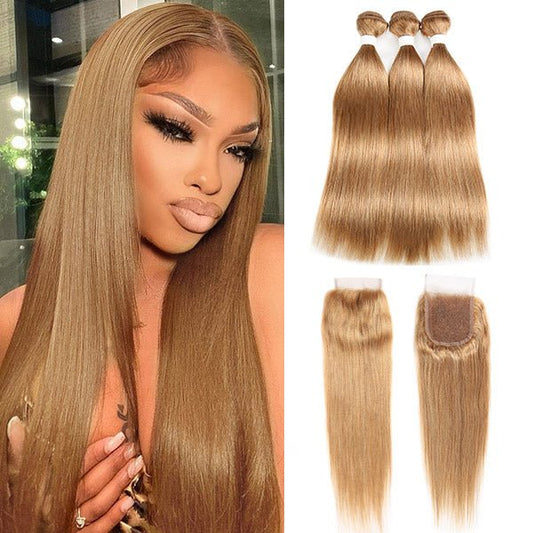 #27 Straight Hair Bundles with Closure Colored Human Hair 3 Bundles with 4x4 Lace Closure - Healthier Me Beauty, LLC