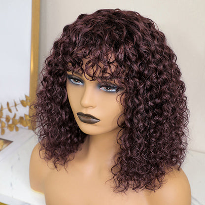 Points Rewards | Throw On & Go Burgundy Water Wave No Lace Glueless Short Wig With Bangs 100% Human Hair