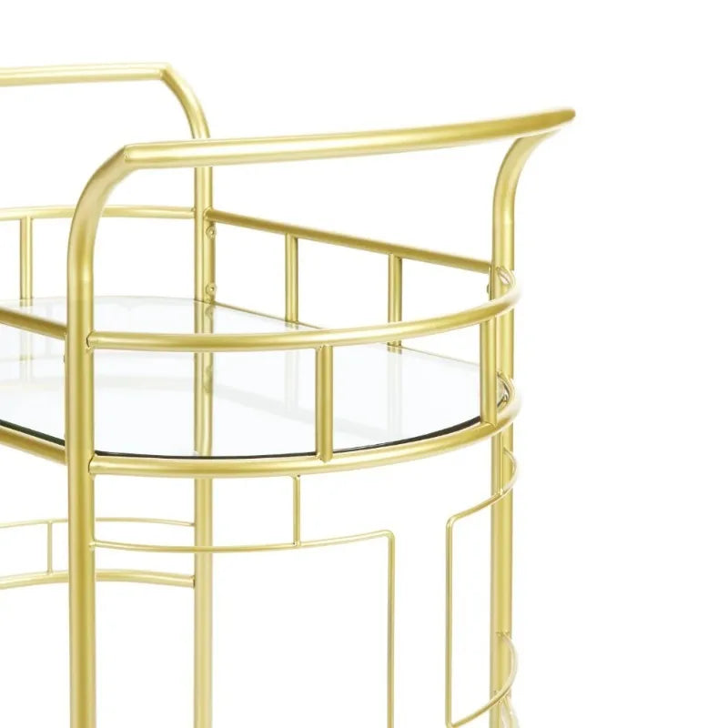 Bar Cart with Matte Gold Metal Finish, 2-Tiers Trolley Cart Rolling Cart Kitchen Island Table Meuble De Rangement Cuisine