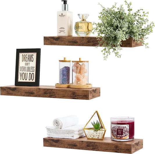 Floating Shelves for Wall - Set of 3 Rustic Wood Wall Shelves for Living Room, Kitchen, Bedroom, Bathroom Storage - 16" Shelf for Wall Decor, Home Decor, Farmhouse, Frames & Trophy Display - Healthier Me Beauty, LLC