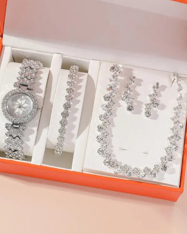 4pcs Mother's Day Gifts Allover Rhinestone Quartz Watch & Bracelet & Drop Earrings & Necklace Jewelry Set - Healthier Me Beauty, LLC