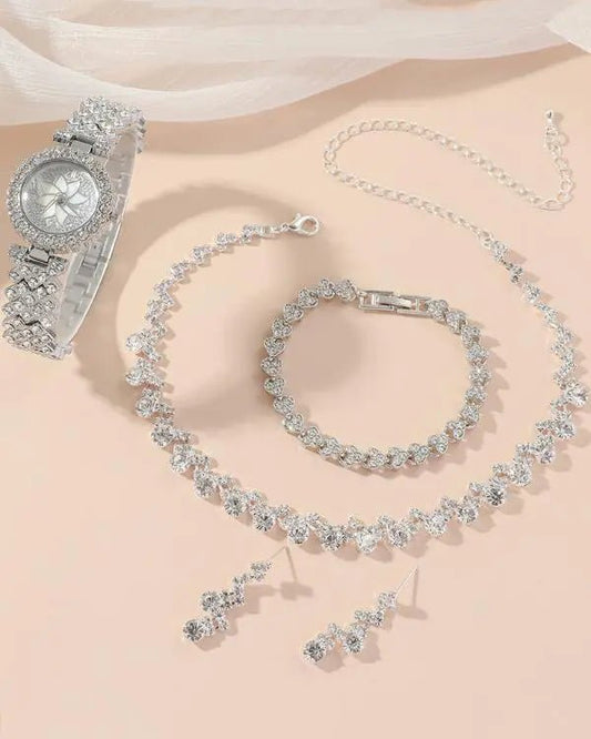 4pcs Mother's Day Gifts Allover Rhinestone Quartz Watch & Bracelet & Drop Earrings & Necklace Jewelry Set - Healthier Me Beauty, LLC