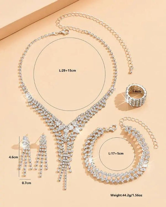 4PCS Tassel Design Hollow Out Rhinestone Pendent Necklace & Drop Earrings & Ring & Bracelet Wedding Jewelry Set - Healthier Me Beauty, LLC