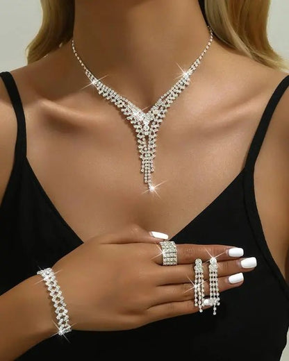 4PCS Tassel Design Hollow Out Rhinestone Pendent Necklace & Drop Earrings & Ring & Bracelet Wedding Jewelry Set - Healthier Me Beauty, LLC