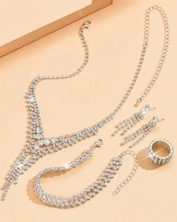 4PCS Tassel Design Hollow Out Rhinestone Pendent Necklace & Drop Earrings & Ring & Bracelet Wedding Jewelry Set - Healthier Me Beauty, LLC