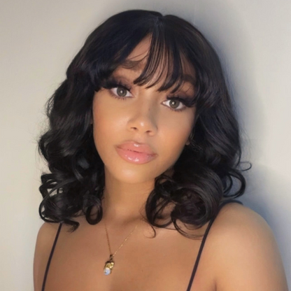 Points Rewards | Glueless Beginner Friendly Soft Wavy Curls Bob Wig With Bangs 100% Human Hair