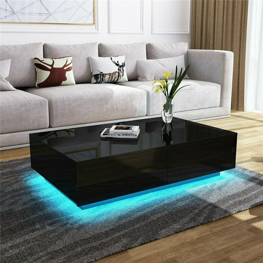 Hommpa Coffee Table with 4 Drawers LED Center Table Sofa Side Tea Tables Black High Gloss Finish