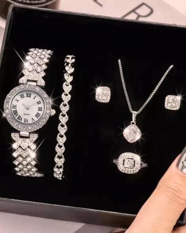 5pcs Allover Rhinestone Quartz Watch & Bracelet & Drop Earrings & Necklace & Ring Jewelry Gifts Set - Healthier Me Beauty, LLC