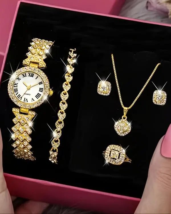 5pcs Allover Rhinestone Quartz Watch & Bracelet & Drop Earrings & Necklace & Ring Jewelry Gifts Set - Healthier Me Beauty, LLC