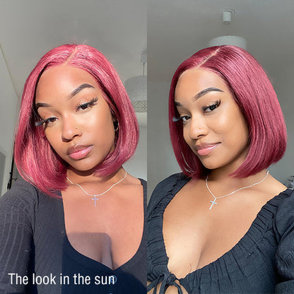 Points Rewards | Reddish Purple Side Part Glueless Wide T Lace Bob Wig 100% Human Hair