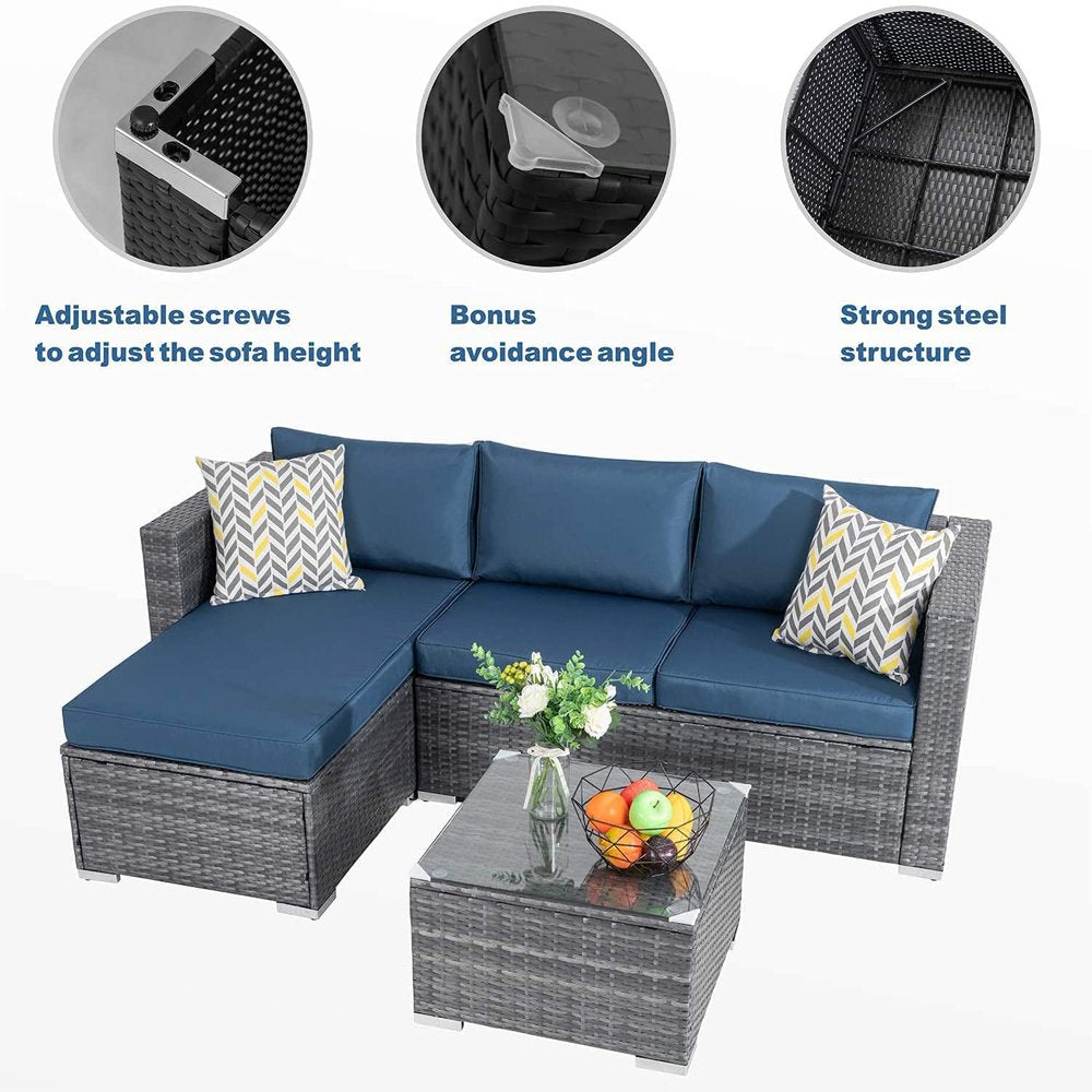 3 Piece Aegean Blue Outdoor Furniture Sectional Sofa Patio Set Silver Gray Rattan Wicker