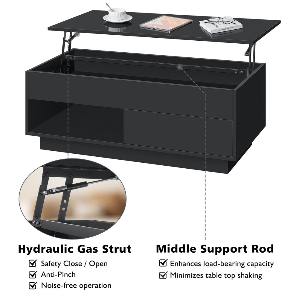 Lift Top Coffee Table with LED 39.4" Modern Rectangle Sofa Side Cocktail Tables Rising Lift up with Hidden Storage Drawer for Living Room